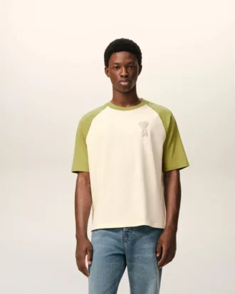 T-shirt en coton blanc et vert avec patch Ami de Coeur tricoté