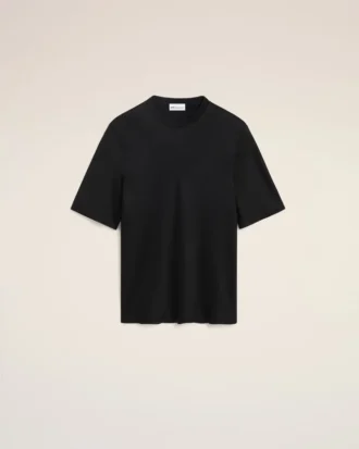 T-shirt à manches courtes en satin noir avec bordures côtelées