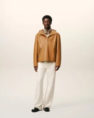 Veste à capuche en cuir de vachette jaune