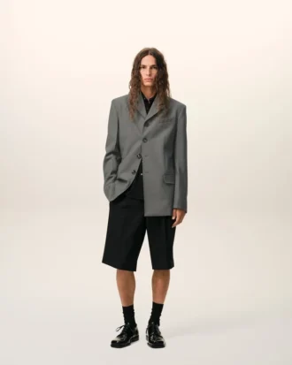 Veste droite en laine vierge grise à simple boutonnage