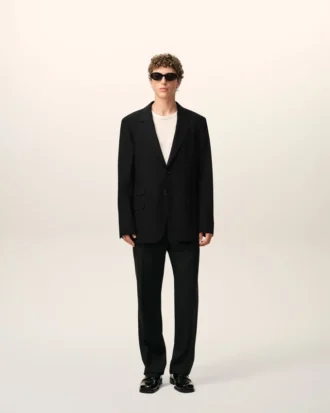 Veste droite en laine vierge noire à simple boutonnage
