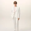 Veste droite à simple boutonnage en lin mélangé blanc