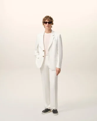 Veste droite à simple boutonnage en lin mélangé blanc