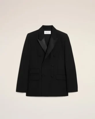Veste droite à smocks en laine neuve noire, croisée