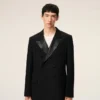 Veste droite à smocks en laine neuve noire, croisée