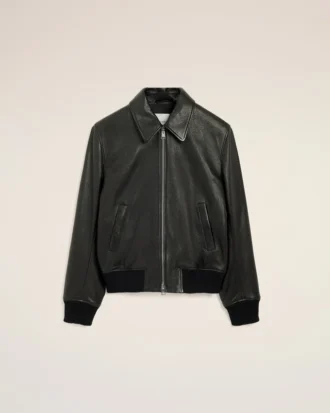 Veste zippée en cuir d&rsquo;agneau noir