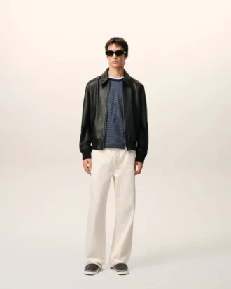 Veste zippée en cuir d&rsquo;agneau noir