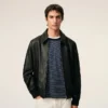 Veste zippée en cuir d&rsquo;agneau noir